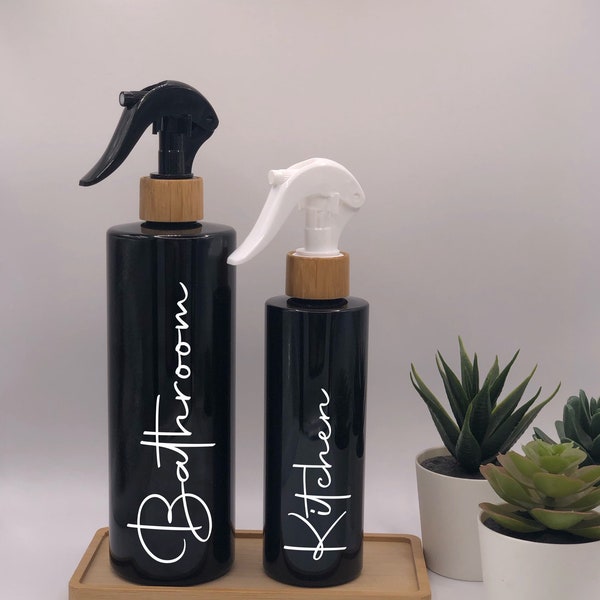 Black Tubular Bottle with Black or White Bamboo Trigger Spray | 250ml/500ml Refillable Reusable Plastic Dispenser | With Any Word |