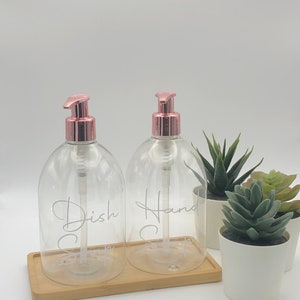Clear Bell Bottle with  Pink Rose Gold Pump  | 500ml Refillable Reusable Plastic Dispenser| With/Without Bamboo Tray| Personalised Any Word