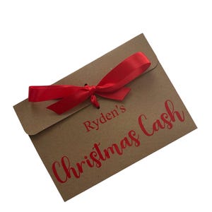 Personalisierter Weihnachtsbargeld Kraft brauner Geschenk-Umschlag mit Band | Geld/Gutschein | Lieben Geschenk | Viele Bandfarben Wichtel