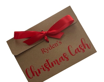 Personalised Christmas Cash Money Envelope: Kraft Brown with Satin Ribbon