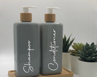 Graue Viereckige Flasche mit Weißer Bambus Pump 250ml/500ml | Nachfüllbarer wiederverwendbarer Kunststoffspender | Personalisiert mit jedem Wort | Küche/Badezimmer