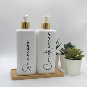 Botella cuadrada blanca con dosificador blanco/dorado / 250 ml/500 ml / Dispensador de plástico reutilizable y rellenable / Cualquier palabra / Cocina ordenada, baño y hogar /