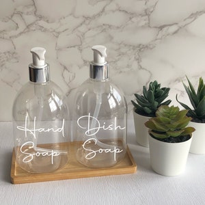Clear Bell Bottle with White/Silver Pump |500ml Refillable Reusable Plastic Dispenser | Personalised With Any Word| With/Without Bamboo Tray