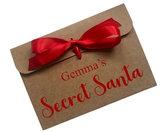 Personalised Christmas Secret Santa Kraft Brown Envelope: Satin Ribbon Gift Money/Voucher Holder