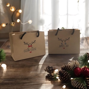 Sacchetto regalo di Natale con renna marrone Kraft con manico in corda personalizzato con nome, piccolo, medio, grande, regalo, albero di Babbo Natale segreto