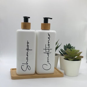 White Square Bottle with Black Bamboo Pump | 250ml/500ml | Refillable Reusable Plastic Dispenser | Any Word | Kitchen Bathroom | Bamboo Tray