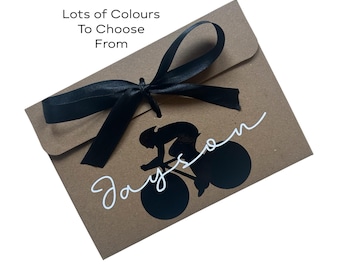 Personalised Cyclist & Name Money/Voucher Envelope - Kraft Brown with Satin Ribbon