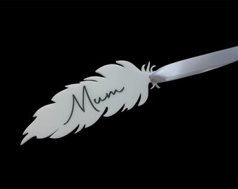 Personalised Acrylic Feather Ornament White White Ribbon - Wedding Memorial, Bereavement Gift