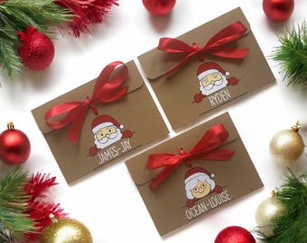 Personalised Santa Mrs Claus Money/Voucher Envelope: Kraft Brown with Satin Ribbon