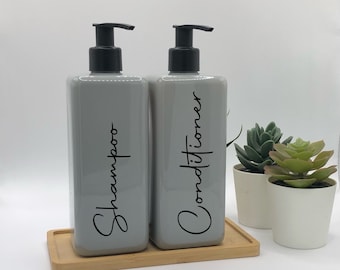 Graue eckige Flasche mit mattschwarzer Pumpe 250ml/500ml | Nachfüllbarer wiederverwendbarer Kunststoffspender | Personalisiert mit jedem Wort | Küche/Badezimmer