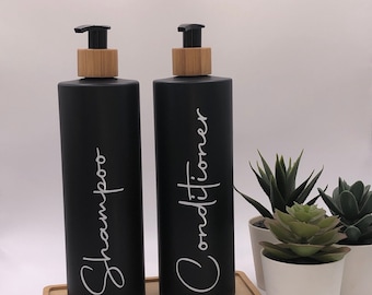 Matte Black Bottle with Black Bamboo Pump | 500ml Refillable Reusable Plastic Dispenser | Personalised With Any Word | Kitchen Bathroom