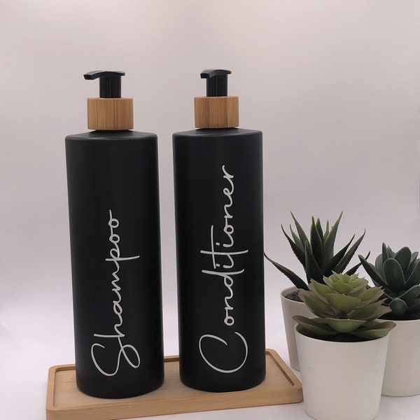 Matte Black Bottle with Black Bamboo Pump | 500ml Refillable Reusable Plastic Dispenser | Personalised With Any Word | Kitchen Bathroom