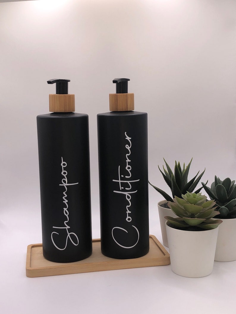 Matte Black Bottle with Black Bamboo Pump 500ml Refillable Reusable Plastic Dispenser Personalised With Any Word Kitchen Bathroom image 1