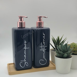 Navy Blue Square Bottle With Pink Rose Gold Pump | 500ml Refillable Reusable Soap Dispenser Any Word | Shampoo Conditioner Wash Liquid