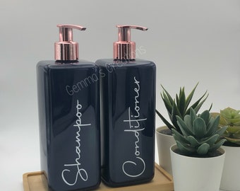 Navy Blue Square Bottle With Pink Rose Gold Pump | 500ml Refillable Reusable Soap Dispenser Any Word | Shampoo Conditioner Wash Liquid