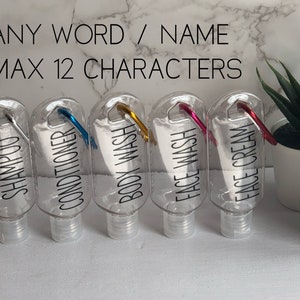 Mini Travel Bottles | 50ml Refillable Reusable Plastic Bottles | Holiday/Camping | Shampoo | Conditioner | Any Word