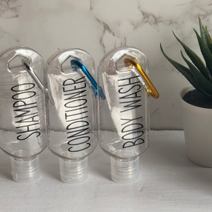 Set of 3 Mini Travel Bottles 50ml | Pre-Personalised | Refillable Reusable Plastic | Holiday Camping | Shampoo | Conditioner | Body Wash |