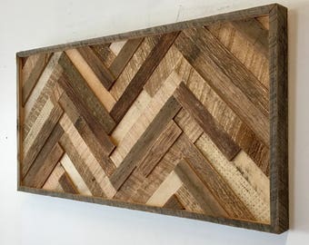 Herringbone Reclaimed Wood Wall Art, Handmade Slat Design