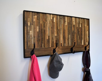 Reclaimed Wood Wall Art with Hooks, Handmade Coat Rack