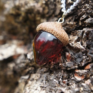 Puede incluir: Un colgante de bellota de vidrio rojo oscuro en una cadena plateada. La bellota está hecha de vidrio y tiene una tapa marrón.