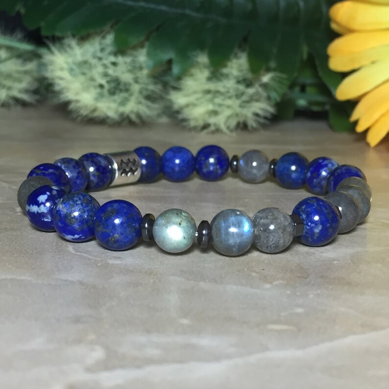 Aquarius Zodiac Gemstone Bracelet Stretch Bracelet Lapis Etsy