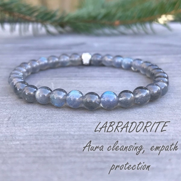 Pulsera de Labradorita Natural de 6 mm, Pulsera de Labradorita , Promueve las habilidades psíquicas, Protección, Calmar, Equilibra y protege el aura