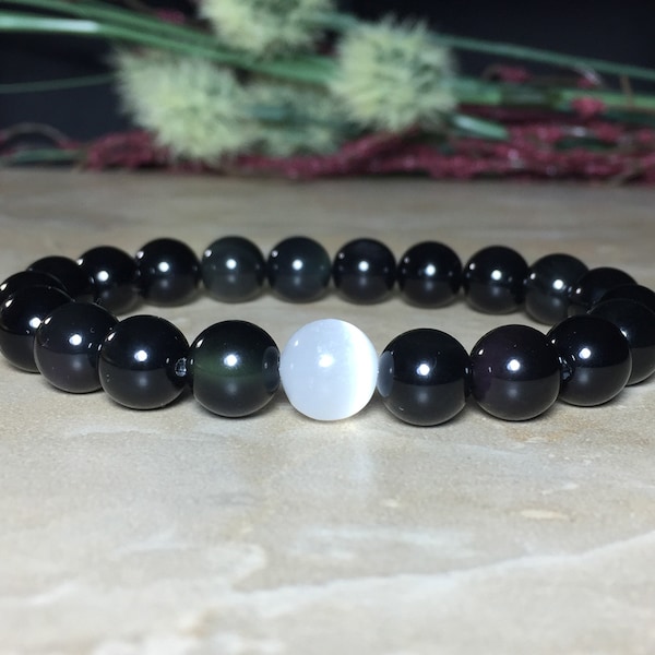 10mm Selenite Bracelet, Black Obsidian Bracelet, Healing Crystal, Aura Cleansing, Peace, Positive thoughts, Purification, Transformation