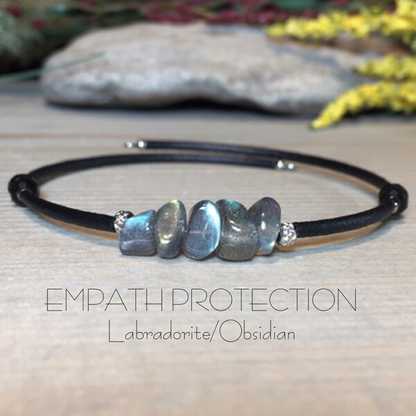 Empath Protection Bracelet, Blue/Green Flash Labradorite, Obsidian Bracelet, Protection Bracelet, Labradorite Bracelet, Memory Wire Bracelet