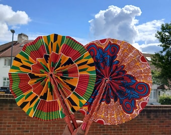 African Print Folding Fan: Handmade Leather Accent, Ghana