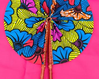 African Print Folding Fan: Handmade Leather Accent, Ghana