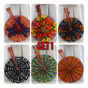 Set of 6 African Print Fan/ African Print Folding Hand Fan/ Ankara Fans/ Handmade Leather and African Print  Fan. Mini size