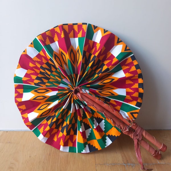 Sale !! African Print Fan/ African Print Folding Hand Fan/ Handmade Leather and African Print  Fan