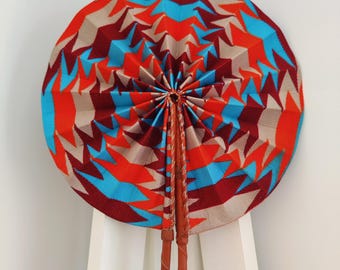 African Print Folding Fan: Handmade Leather Accent, Ghana