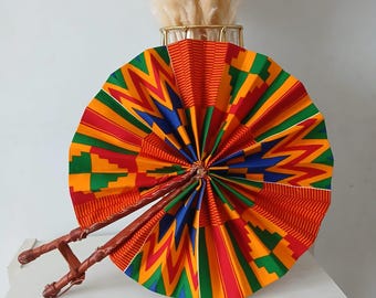 African Print Folding Fan: Handmade Leather Accent, Ghana Made