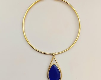 brass choker with blue pendant, Boho necklace Beaten Brass,brass necklace