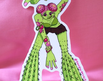 Bloom Cactus Girl Sticker, Plant Vinyl Decal,  5 in x 2 in Sticker