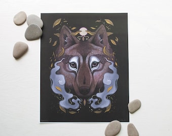 May include: A black and white illustration of a wolf's face surrounded by swirling smoke and gold leaves. The wolf's eyes are a light blue color.