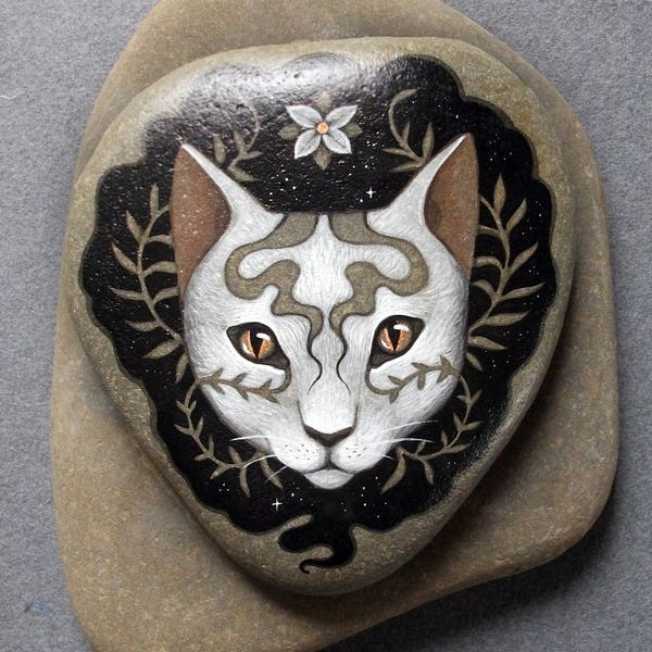 Snow White Cat Spirit with Little Flower and Copper Eyes  // Ferns and Black Mist // Hand-painted Stone