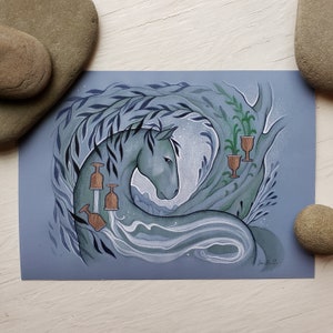Cinq des tasses// Illustration animale émouvante//impression jet d'encre 5 x 7 de peinture de cheval