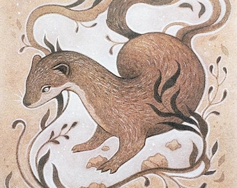 May include: A brown and white weasel with a long tail is depicted in a watercolor illustration. The weasel is surrounded by stylized floral elements in shades of brown and black. The illustration is framed with a black border and has the artist's signature "Hoffman" in the bottom right corner.
