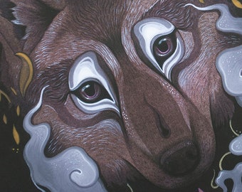 May include: A detailed illustration of a wolf's head with a purple and white eye, surrounded by swirling smoke and gold leaves on a black background.