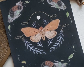 May include: A black background with a large orange and brown moth with a white moon in the background. The moth is surrounded by small brown caterpillars and green leaves.