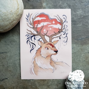 As de Bastos // Impresión de Bellas Artes tamaño 5 x 7 // Carta del Tarot inspirada // Pintura de ciervo mágico elemental de fuego
