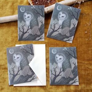 Four Barn Owl Note Cards // Blank Inside // Earthshine Lunar Owl Note Card
