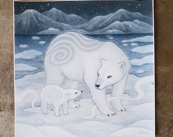 May include: A detailed illustration of a polar bear and cub in a snowy landscape. The adult bear has a swirling pattern on its back. Mountains and a starry sky are in the background. The artwork is in shades of white and blue.
