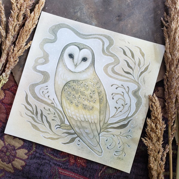 8 x 8 Tyto Alba Print // Magical Wise Owl Print // Barn Owl Soft Gold