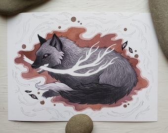 May include: A watercolor painting of a silver fox with a white branch in its mouth. The fox is curled up in a red and white swirl. The background is a white and gray swirl.