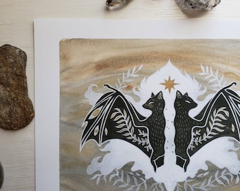 Divided // Gold acrylic embellished archival matte 8 x 10 art print // Magic Bat Twins