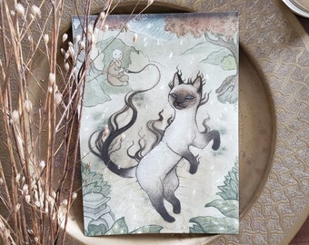 5x7 Dancing Siamese Cat // The Boy Who Drew Cats  // Storybook Giclee Art Print