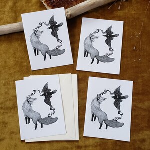 Vier notitiekaarten // Blanco binnenkant // Harmonie // Fox en Raven Illustratie Dierensymboliek